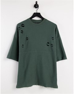 Oversized футболка цвета хаки с рваной отделкой Asos design