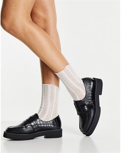 Черные туфли монки с отделкой под крокодиловую кожу на плоской подошве Macaroon Asos design