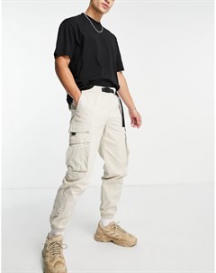 Светло бежевые зауженные брюки карго с ремнем и боковой вставкой Topman