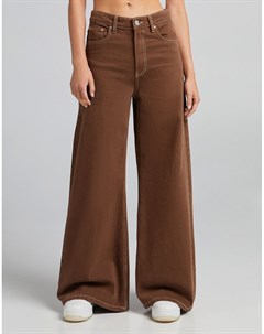 Широкие брюки шоколадного цвета с контрастной строчкой Bershka
