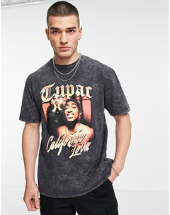 Черная выбеленная oversized футболка с принтом Tupac California Topman