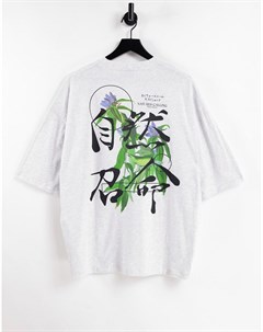 Серая меланжевая oversized футболка из смесового органического хлопка с принтом птицы на спинке Asos design
