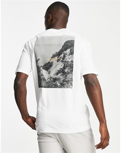 Белая футболка свободного кроя из органического хлопка с абстрактным пейзажным принтом на спине Selected homme