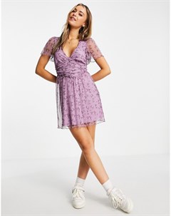 Фиолетовое сетчатое платье мини со сборками спереди и цветочным принтом Asos design