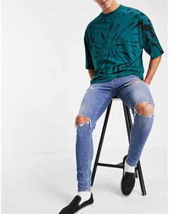 Синие выбеленные джинсы с покрытием из эластичной ткани и рваной отделкой Asos design