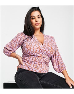 Эластичная блузка с запахом пышными рукавами и цветочным принтом в стиле ретро ASOS DESIGN Curve Asos curve