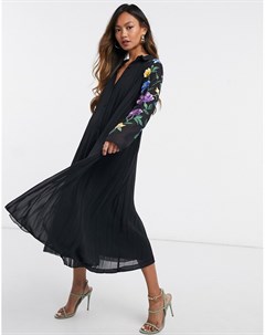 Черное плиссированное платье рубашка миди с вышивкой на рукавах Asos design