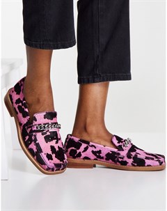 Розовые кожаные лоферы с цепочками квадратным носком и коровьим принтом Marcia Asos design