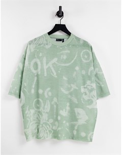 Зеленая футболка в стиле oversized со сплошным принтом в виде закорючек Asos design