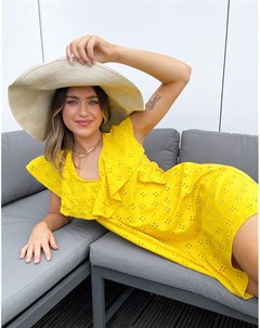 Ярко желтое платье с вышивкой ришелье V образным вырезом и накладкой с оборками Asos design