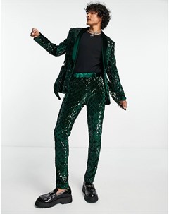 Зеленый бархатный зауженный пиджак с узором ромбы из пайеток Asos design