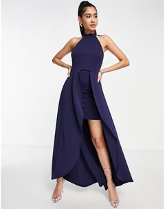Асимметричное платье миди темно синего цвета с высоким воротом True violet
