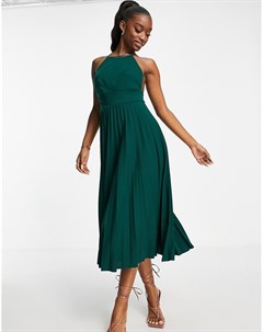 Темно зеленое платье миди с узкой спиной борцовкой и плиссированной юбкой Asos design