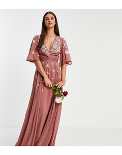 Платье макси с рукавами клеш запахом и цветочной вышивкой в тон ткани ASOS DESIGN Bridesmaid Tall Asos tall