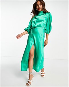 Изумрудно зеленое атласное чайное платье миди со свободным воротом с драпировкой и с пышными рукавам Asos design