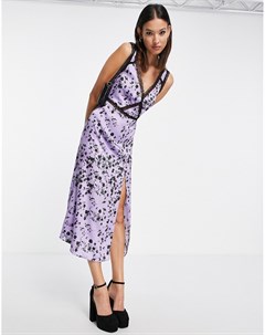 Сиреневое платье комбинация с цветочным принтом и кружевными вставками Topshop