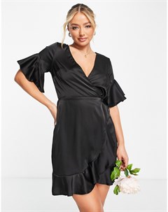 Черное атласное платье мини с оборками Ax paris