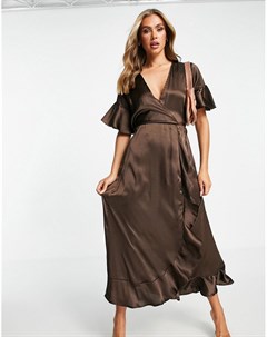 Атласное платье шоколадно коричневого цвета с запахом Ax paris