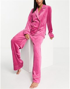 Розовый бархатный пижамный комплект премиум класса из двубортного топа с отложным воротником и штано Chelsea peers