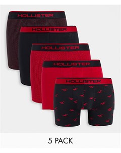 Набор из 5 боксеров брифов со сплошным принтом логотипа и поясом с логотипом черного и красного цвет Hollister