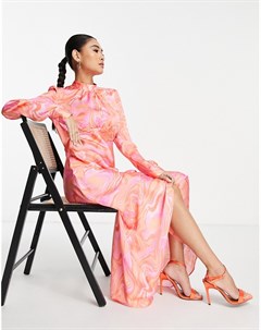 Атласное чайное платье макси с высоким воротником и волнистым принтом Asos design