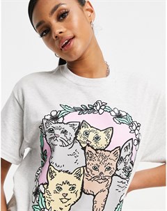 Серая oversized футболка с принтом милых котят New love club