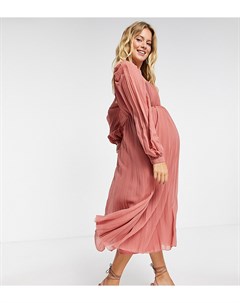 Платье миди приглушенного розового цвета с расклешенной юбкой плиссировкой и квадратным вырезом ASOS Asos maternity