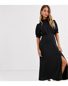Черное атласное платье миди с высоким воротом и разрезом New look