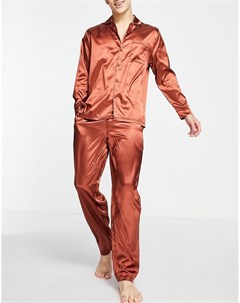 Коричневый атласный пижамный комплект для дома из рубашки и брюк Asos design