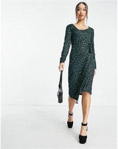Зеленое платье миди с запахом и леопардовым принтом Style cheat