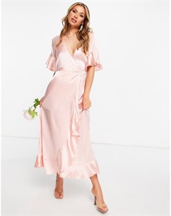 Розовое атласное платье макси с оборками Ax paris