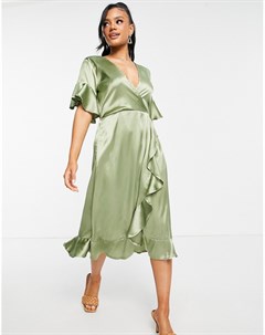 Шалфейно зеленое платье миди с оборками Ax paris