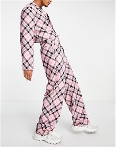 Розовые строгие брюки с широкими штанинами в клетку тартан косого кроя Asos design