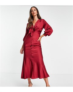 Атласное платье миди темно красного цвета с завязкой спереди и акцентными пуговицами ASOS DESIGN Tal Asos tall