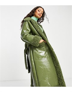 Виниловое пальто макси цвета хаки с искусственным мехом ASOS DESIGN Petite Asos petite