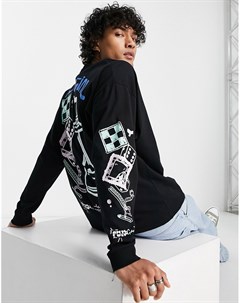 Oversized лонгслив черного цвета с принтами на тему игр и логотипом ASOS Daysocial Asos design