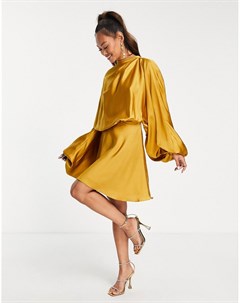 Атласное платье мини золотистого цвета с открытой спиной и пышными рукавами на манжете Asos design