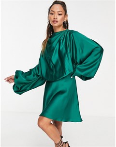 Атласное платье мини темно зеленого цвета с открытой спиной и пышными рукавами на манжете Asos design