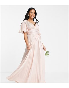 Плиссированное платье макси светло розового цвета с расклешенными рукавами и атласным поясом на тали Asos petite