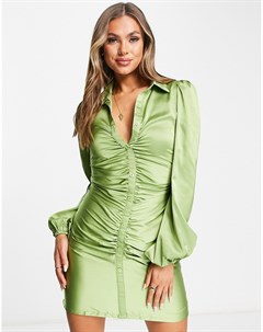 Атласное присборенное платье рубашка шалфейно зеленого цвета Naanaa