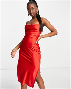 Красное атласное платье комбинация миди со свободным воротом Naanaa