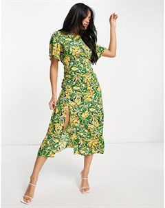 Платье миди с рукавами кимоно разрезом по ноге и волнистым принтом зеленого и желтого цветов Girl in mind