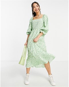 Присборенное трикотажное платье миди с открытыми плечами и зеленым цветочным принтом Miss selfridge