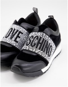 Черные кроссовки с логотипом со стразами на ленте Love moschino