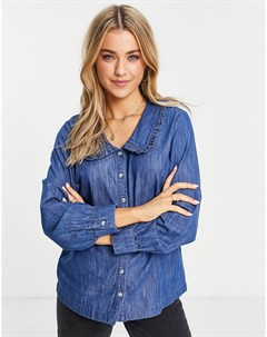 Синяя джинсовая рубашка удлиненного кроя с оборками по воротнику Miss selfridge