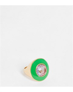 Эксклюзивное массивное кольцо золотистого цвета со стразом и зеленой эмалью Exclusive Big metal london