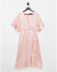 Розовое атласное платье миди с оборками и запахом Ax paris