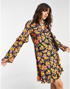 Платье мини с запахом оборками и разноцветным цветочным принтом Topshop