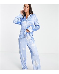 Голубая атласная пижама в новогоднем стиле с брюками и рубашкой с длинными рукавами принтом снежинок Asos tall