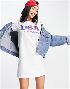 Белое платье футболка с логотипом надписью USA и окантовкой Aéropostale